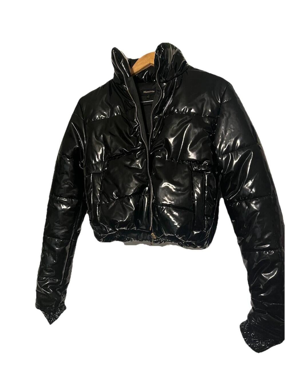36points High-Shine Cropped Puffer Jacket | Glossy Black Wet-Look Bubble Coat S